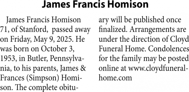 James Francis Homison, Obituaries, Glendive, MT