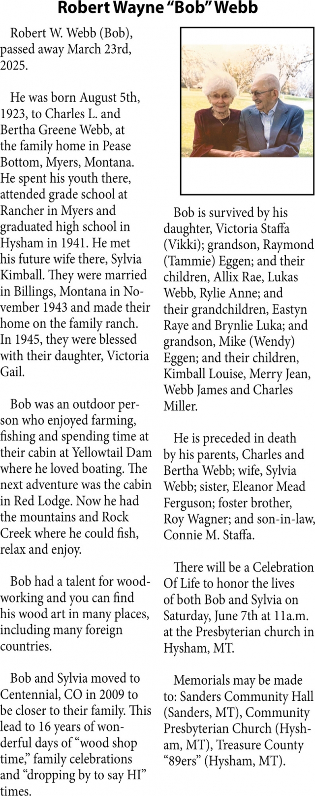 Robert Wayne Webb, Obituaries, Glendive, MT