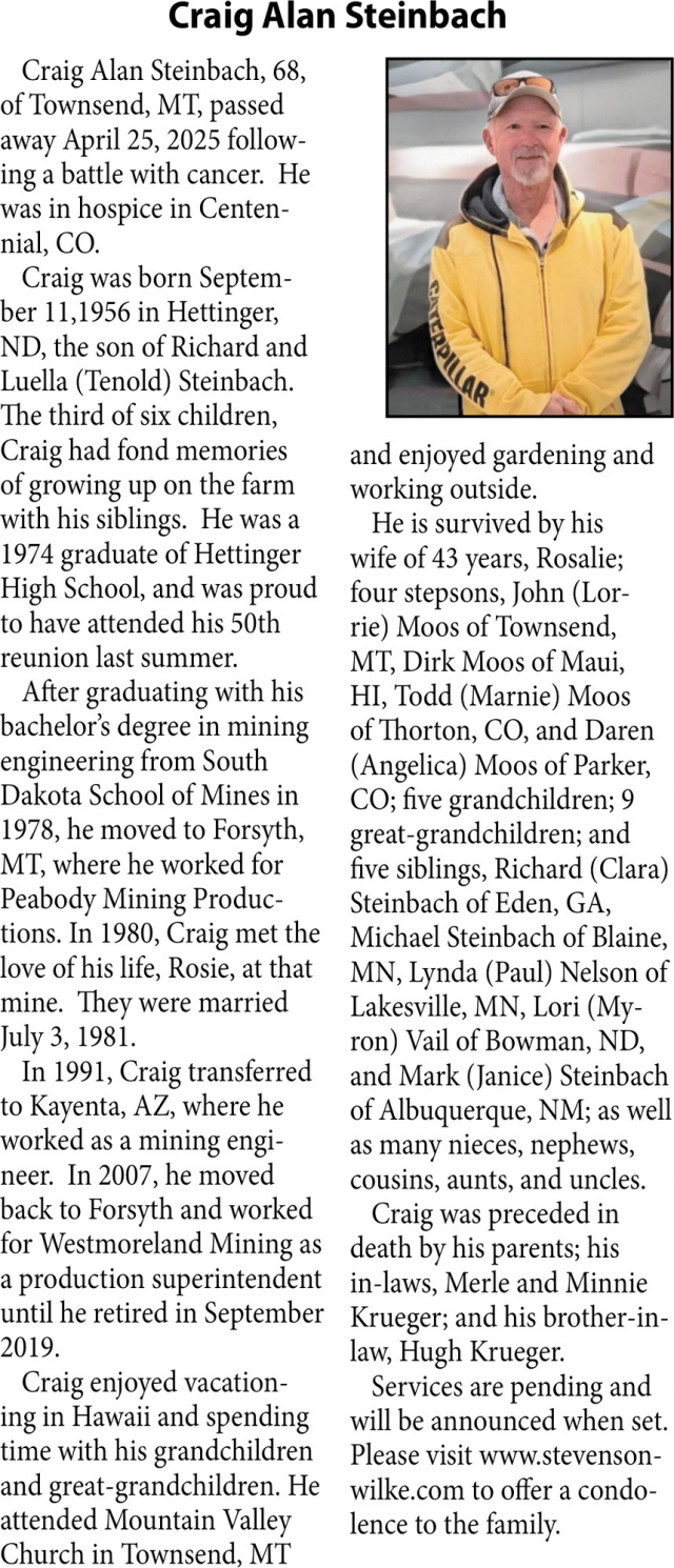Craig Alan Steinbach, Obituaries, Glendive, MT