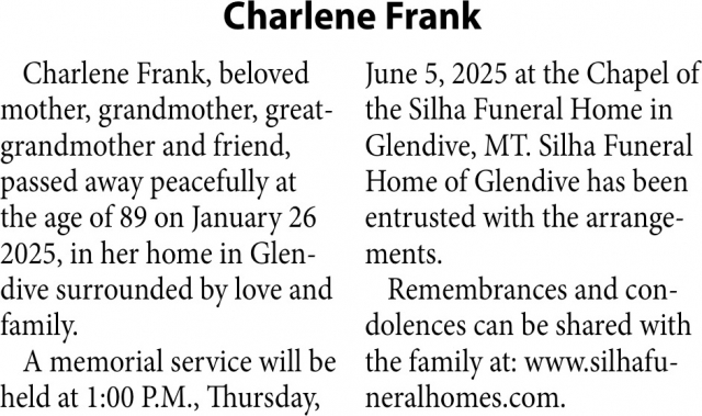 Charlene Frank, Obituaries, Glendive, MT