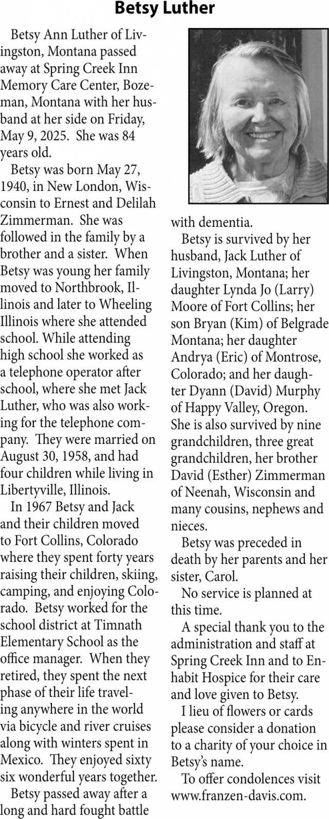 Betsy Luther, Obituaries, Glendive, MT