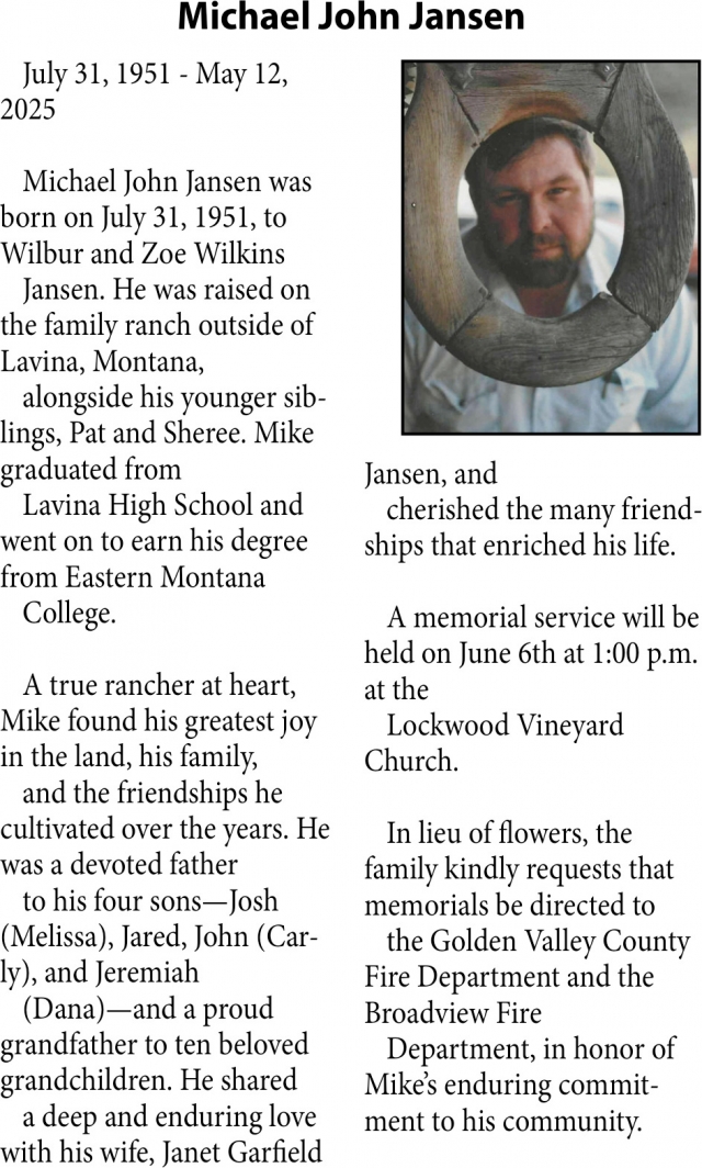 Michael John Jansen, Obituaries, Glendive, MT