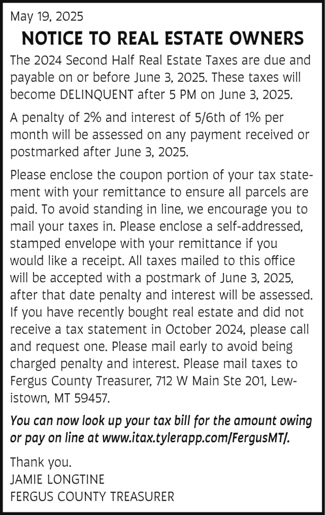 Notice to Real Estate Owners, Fergus County Treasurer - Jamie Longtine