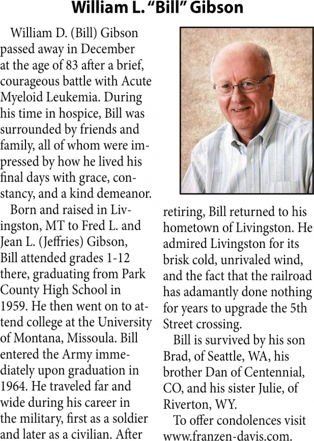 William L Gibson, Obituaries, Glendive, MT