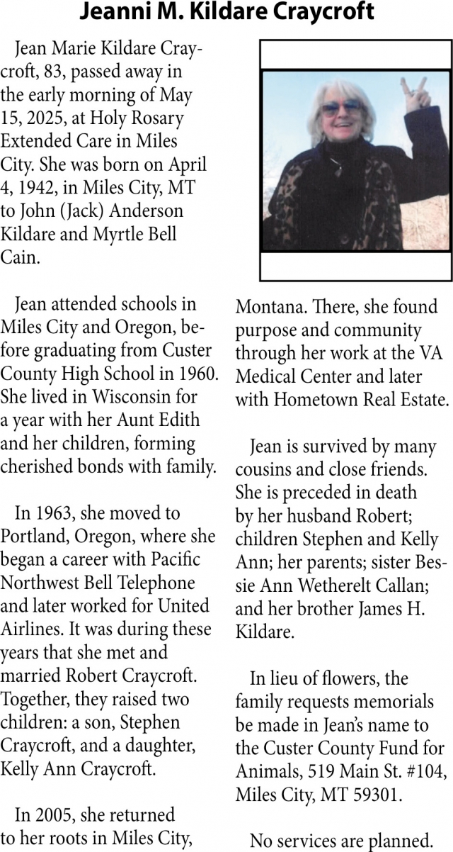 Jeanni M. Kildare Craycrfot, Obituaries, Glendive, MT