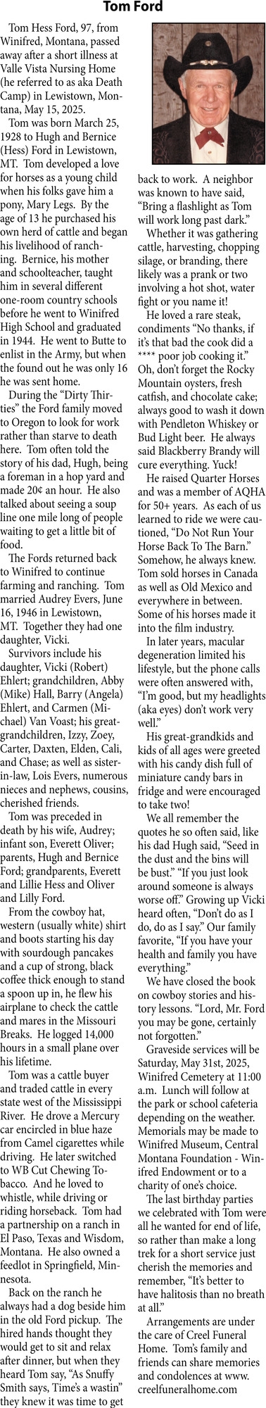 Tom Ford, Obituaries, Glendive, MT