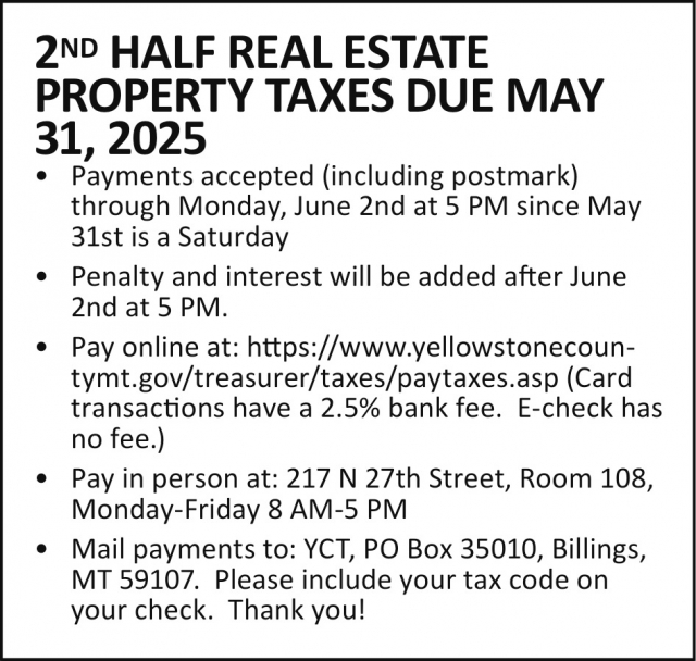 2nd Half Real Estate Property Taxes Due May 31, 2025, Yellowstone County Treasurer