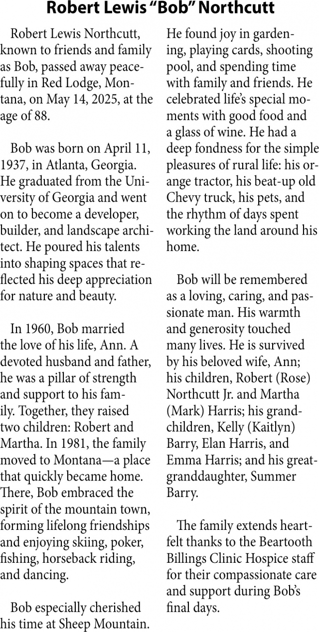 Robert Lewis Northcutt, Obituaries, Glendive, MT