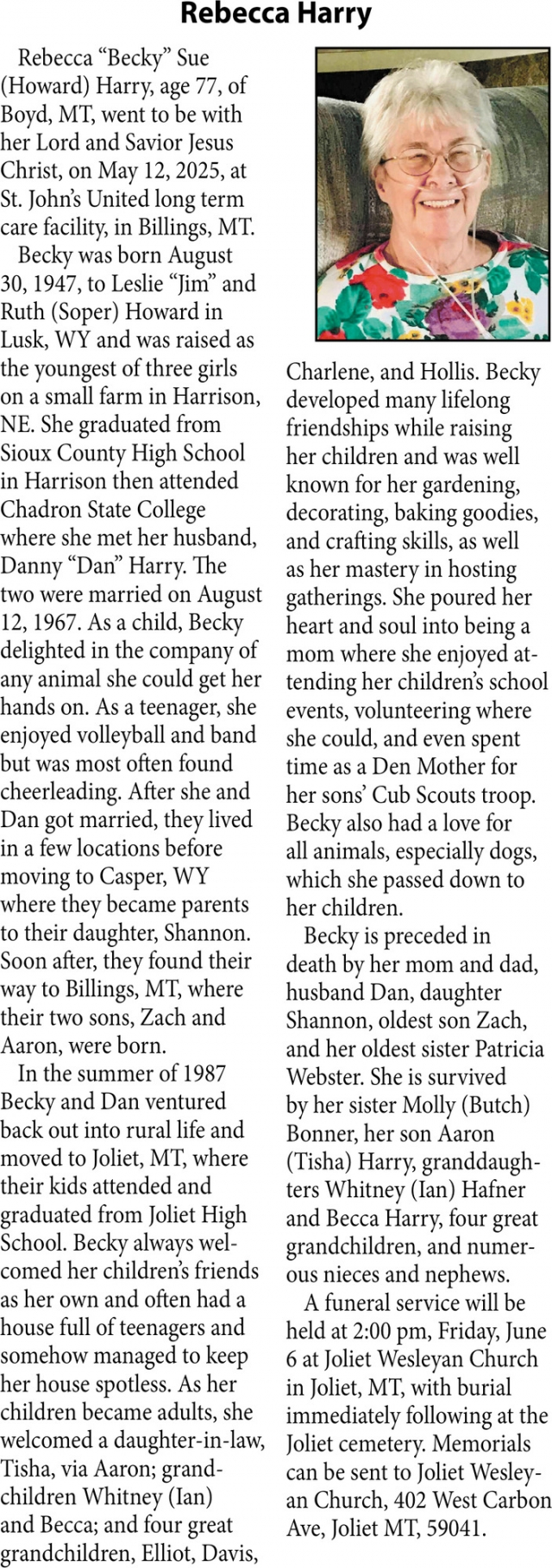 Rebecca Harry, Obituaries, Glendive, MT