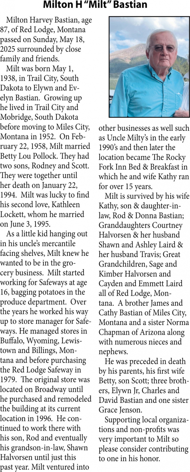 Milton H Bastian, Obituaries, Glendive, MT