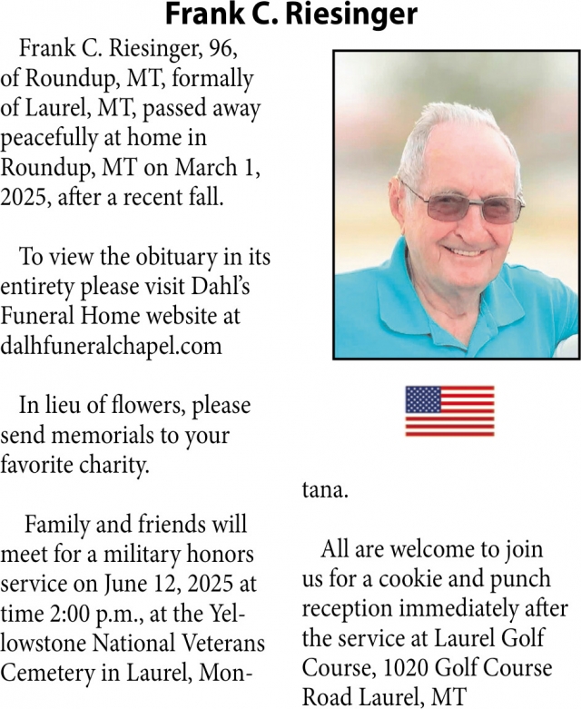 Frank C. Riesinger, Obituaries, Glendive, MT