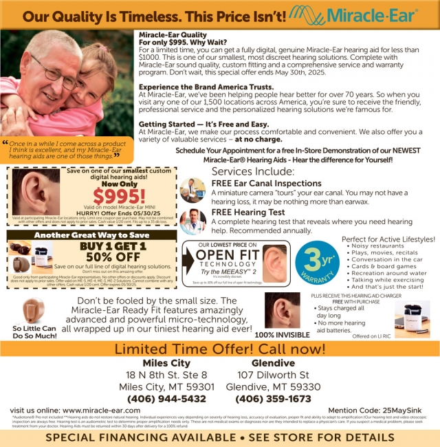 Our Quality is Timeless. This Price Isn't!,  Miracle-Ear / Miles City - Glendive, Glendive, MT