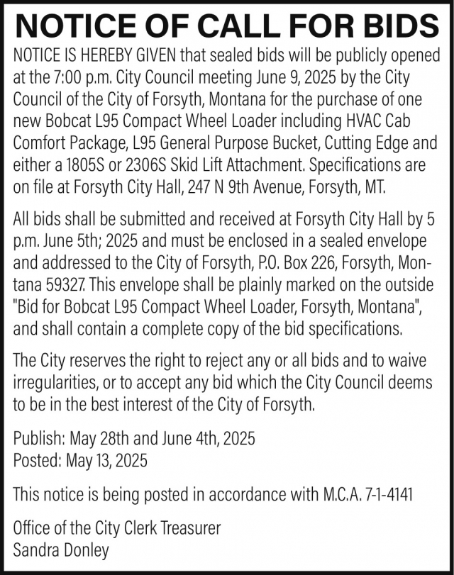 Notice of Call for Bids, City of Forsyth, Forsyth, MT