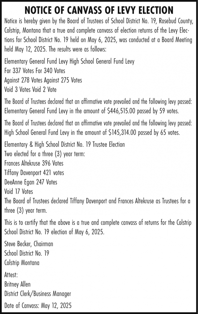 Notice of Canvass of Levy Election, Colstrip School District No.19 - Britney Allen