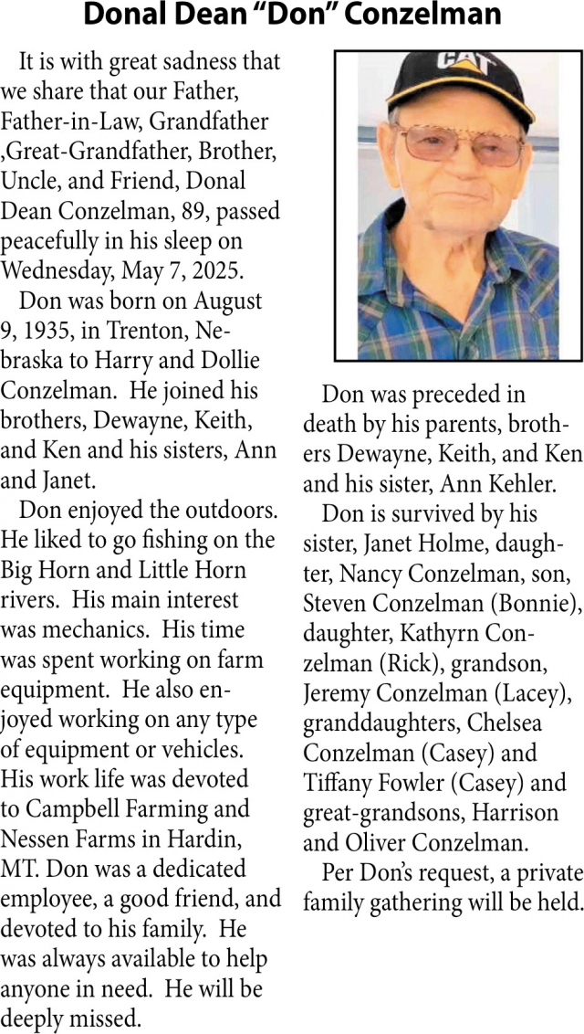 Donal Dean Conzelman, Obituaries, Glendive, MT