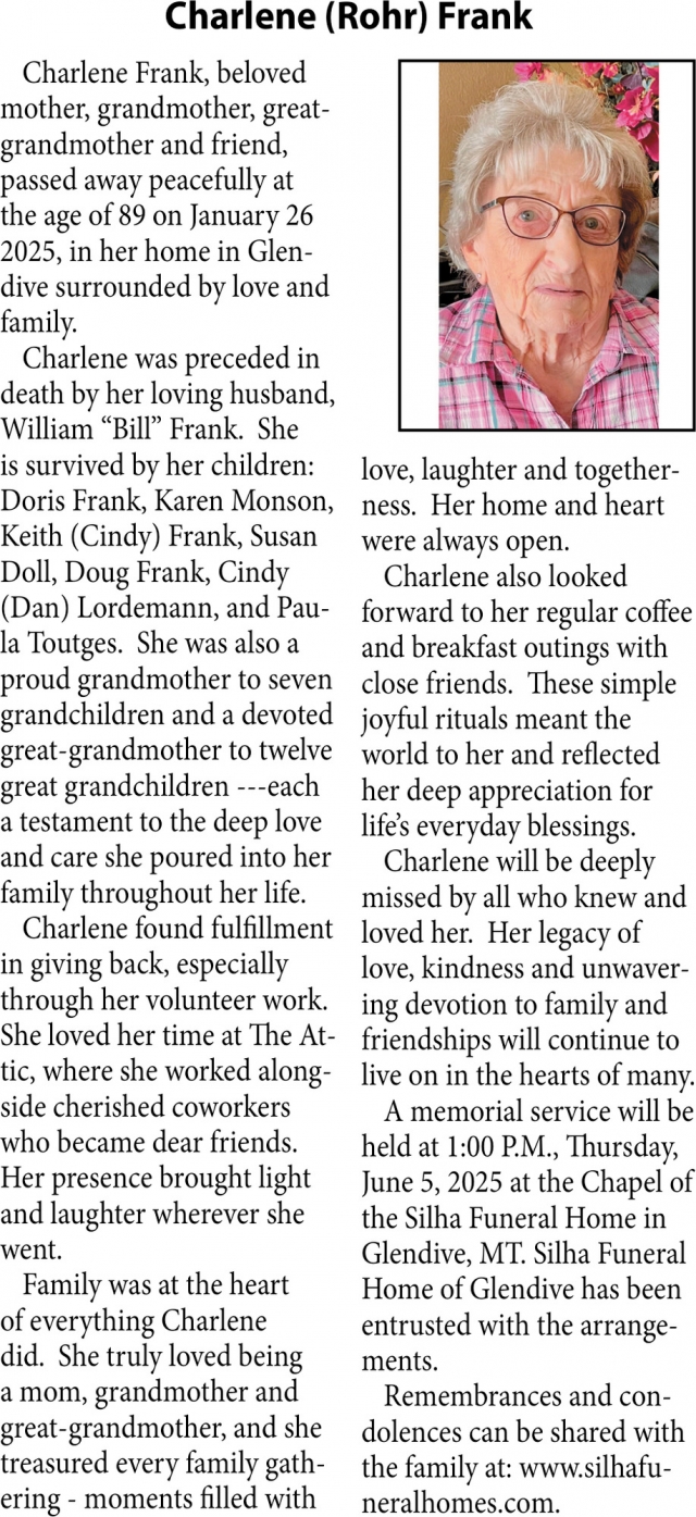 Charlene Frank, Obituaries, Glendive, MT