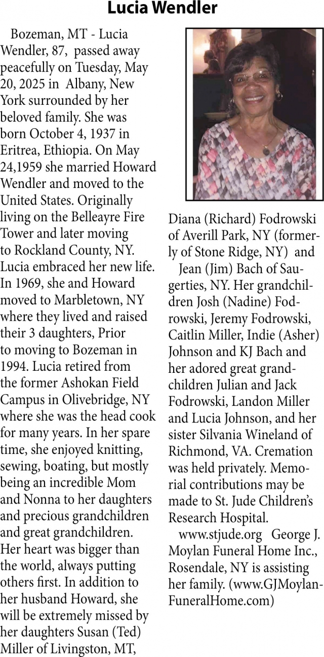 Lucia Wendler, Obituaries, Glendive, MT