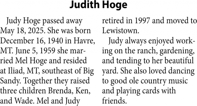 Judith Hoge, Obituaries, Glendive, MT