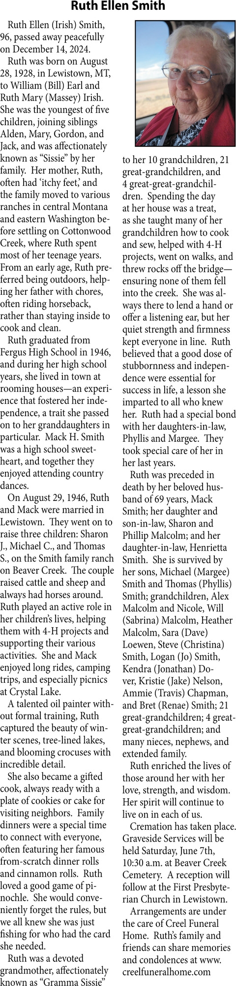 Ruth Ellen Smith, Obituaries, Glendive, MT