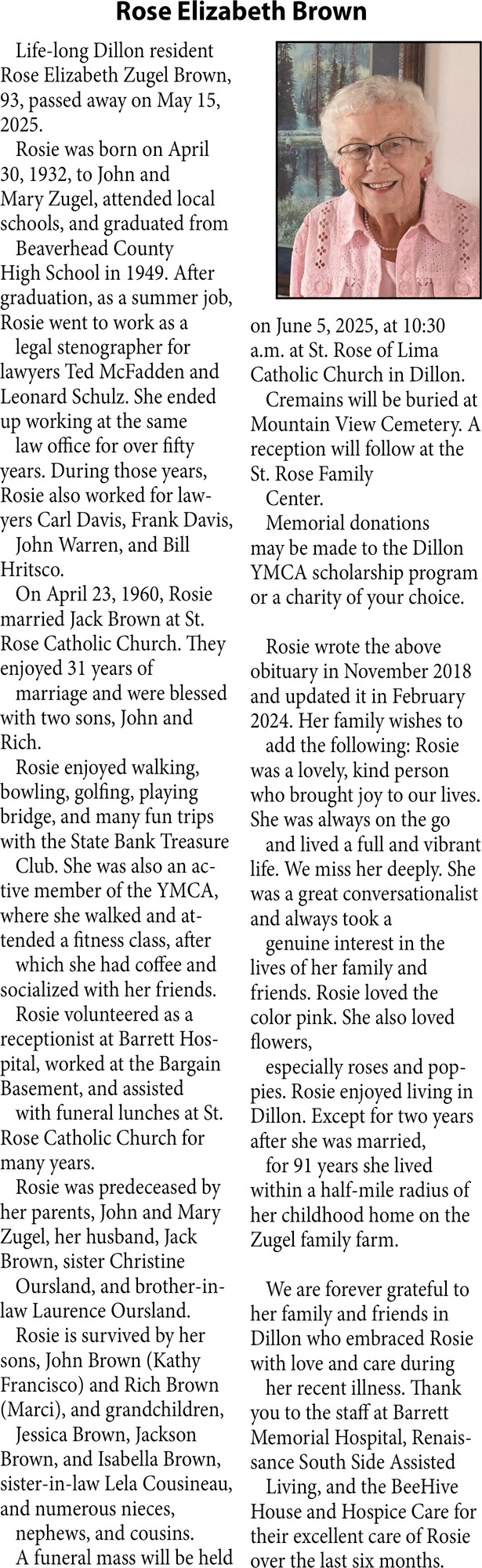 Rose Elizabeth Brown, Obituaries, Glendive, MT