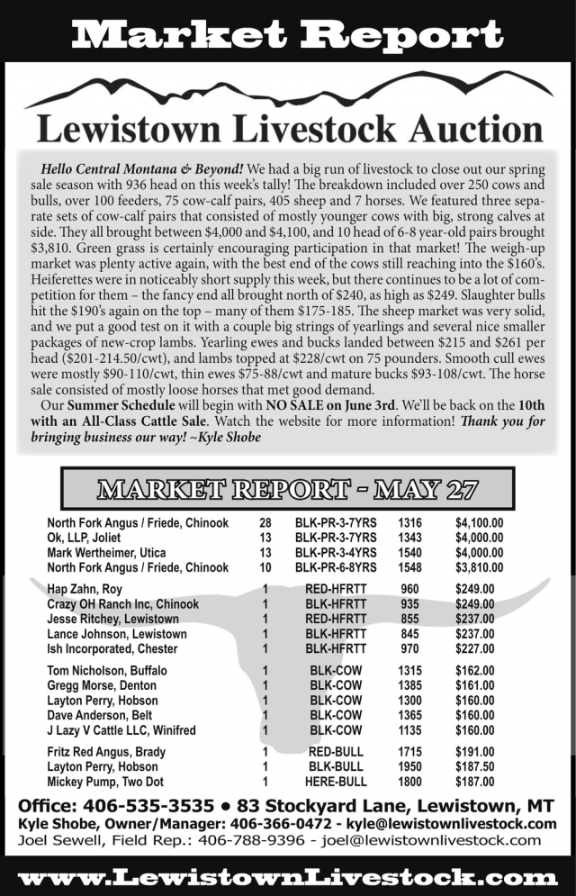 Market Report, Lewistown Livestock Auction, Lewistown, MT