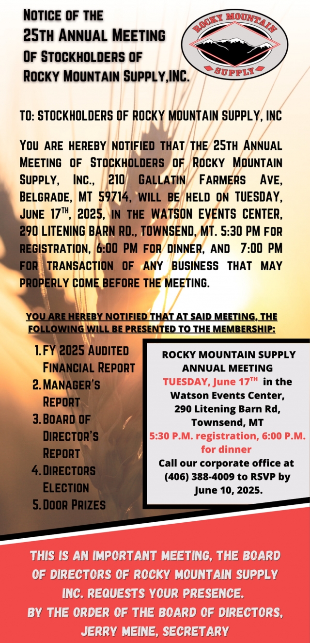 25th Annual Meeting, Rocky Mountain Supply, Dillon, MT