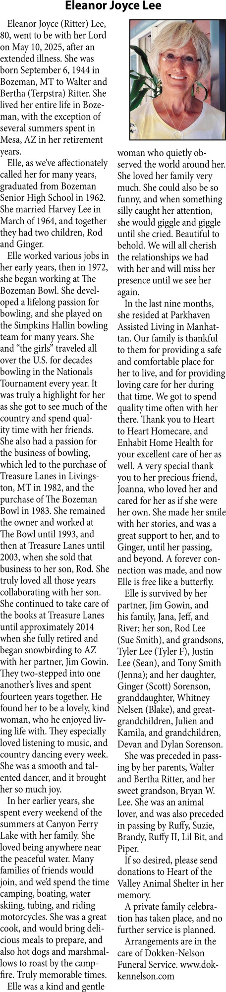 Eleanor Joyce Lee, Obituaries, Glendive, MT