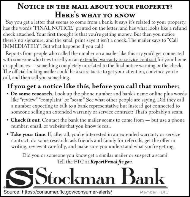 Notice in The Mail About Your Property?, Stockman Bank