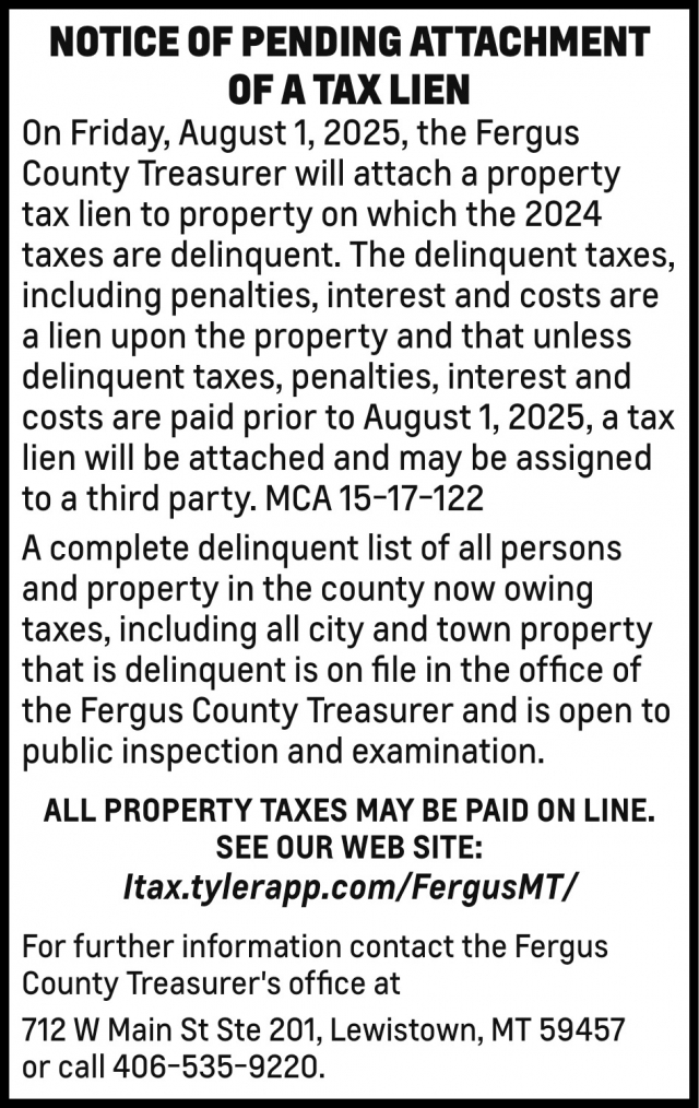 Notice of Pending Attachment of A Tax Lien, Fergus County - Gwenda L. Gehlen, Lewistown, MT