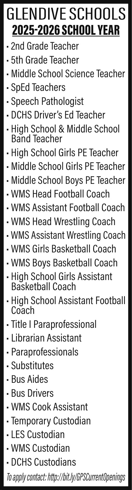 2025-2026 School Year, Glendive Public Schools, Glendive, MT