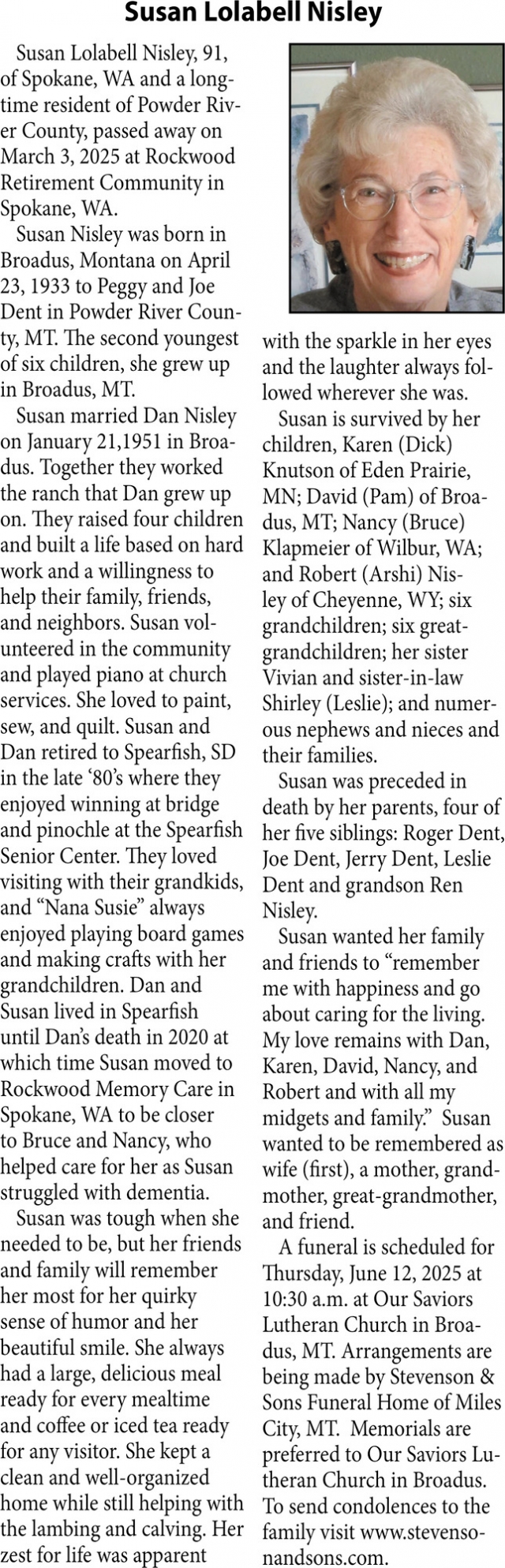 Susan Lolabell Nisley, Obituaries, Glendive, MT