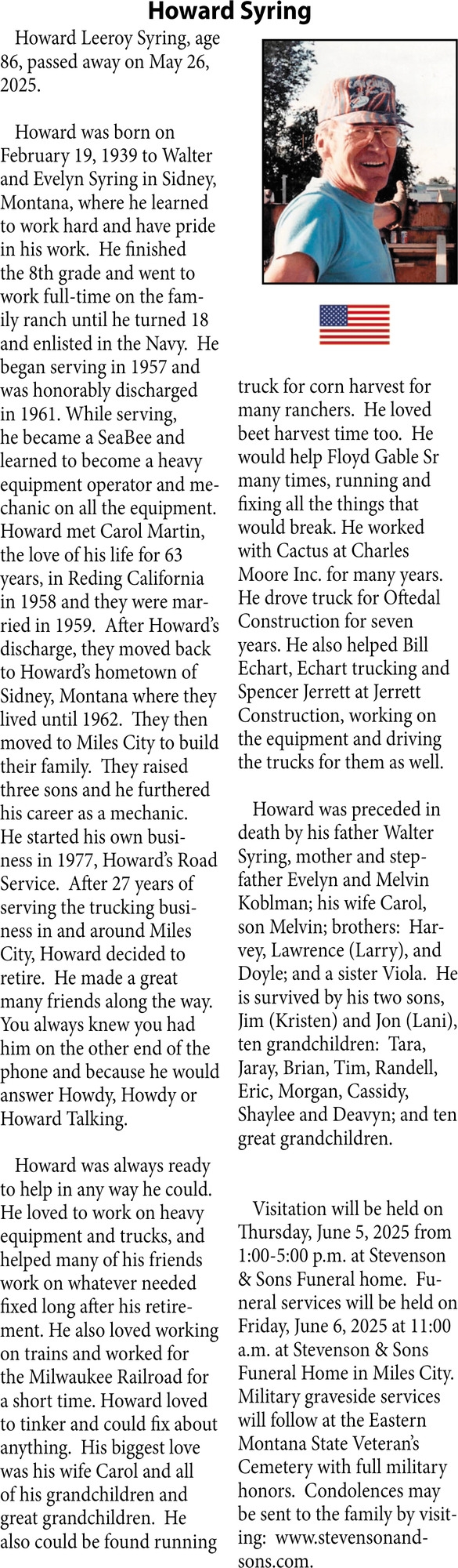 Howard Syring, Obituaries, Glendive, MT