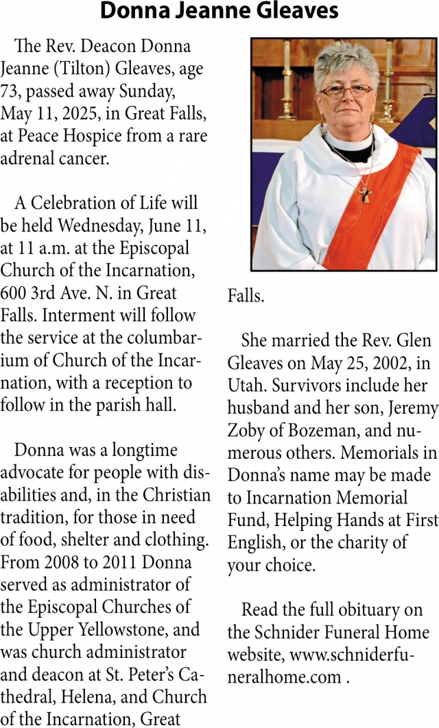 Donna Jeanne Gleaves, Obituaries, Glendive, MT