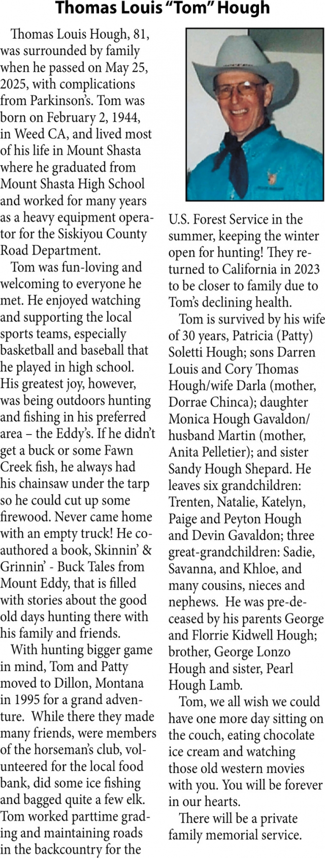 Thomas Louis Hough, Obituaries, Glendive, MT