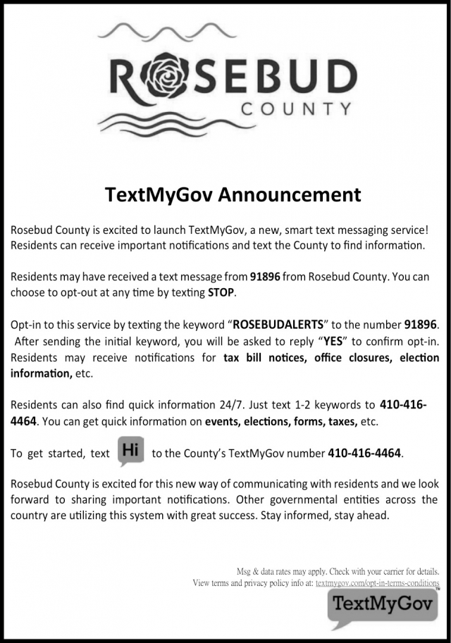 TexMyGov Announcement, Rosebud County, Forsyth, MT