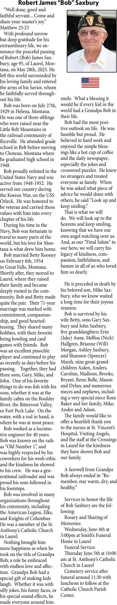 Robert James Saxbury, Obituaries, Glendive, MT