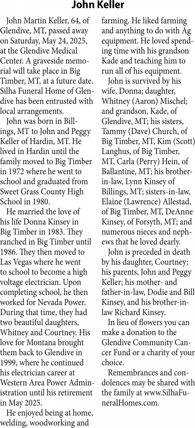 John Keller, Obituaries, Glendive, MT