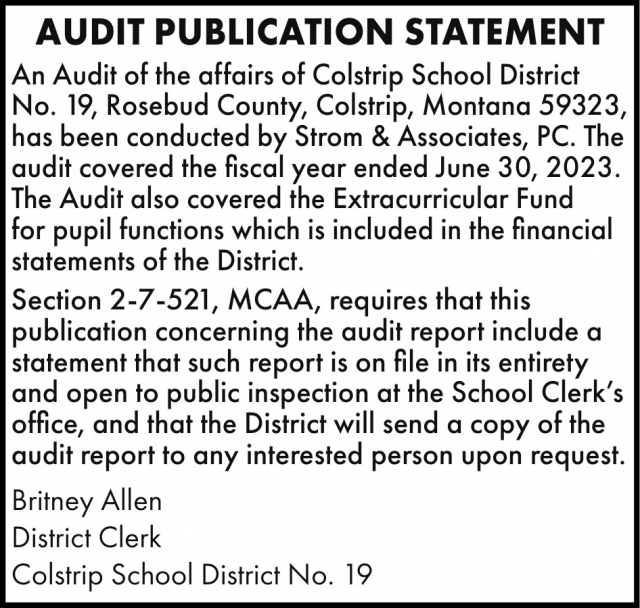 Audit Publication Statement, Colstrip School District No. 19 - Britney Allen