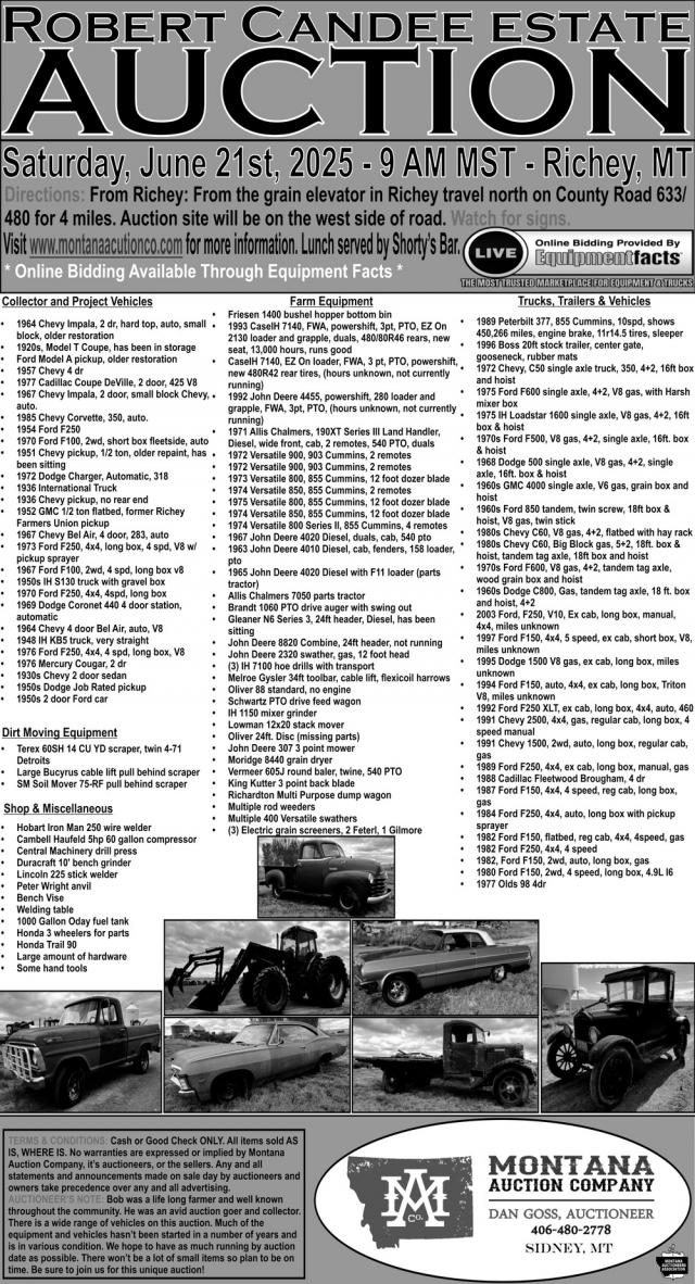 Robert Candee Estate Auction, Montana Auction Company, Sidney, MT