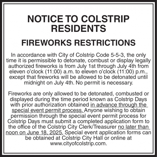 Fireworks Restrictions, City of Colstrip, Colstrip, MT