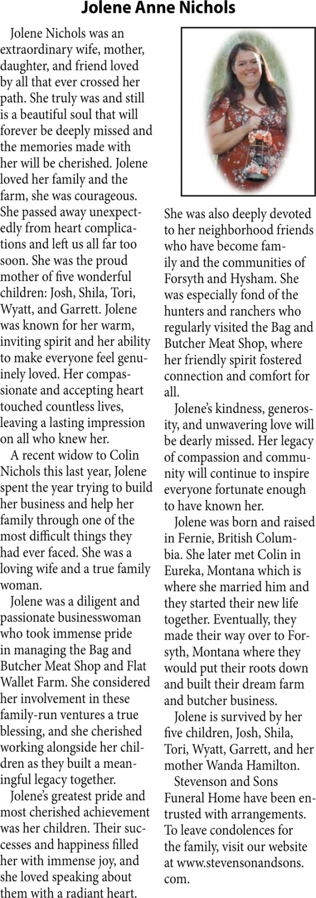 Jolene Anne Nichols, Obituaries, Glendive, MT