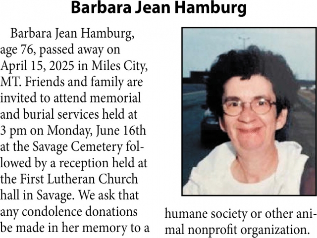 Barbara Jean Hamburg, Obituaries, Glendive, MT