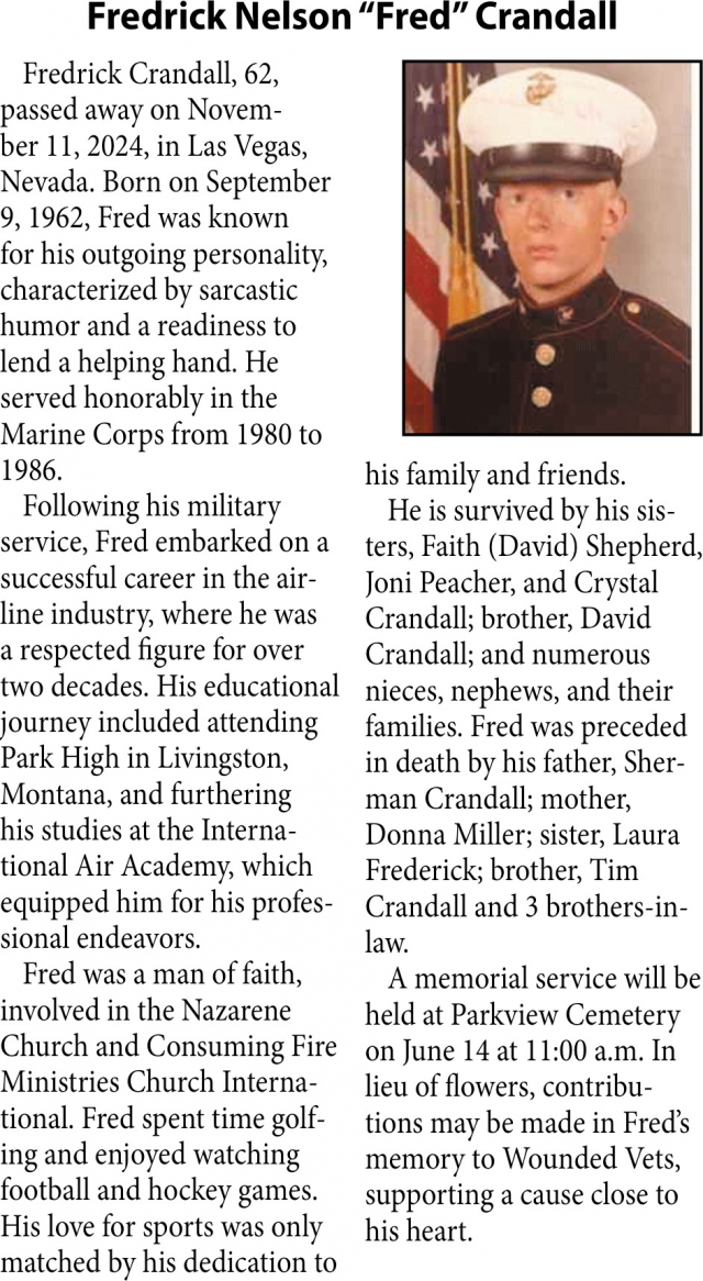 Fredrick Nelson Crandall, Obituaries, Glendive, MT