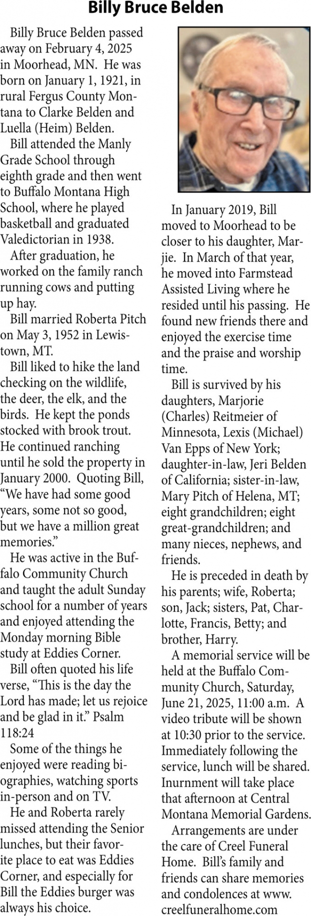 Billy Bruce Belden, Obituaries, Glendive, MT