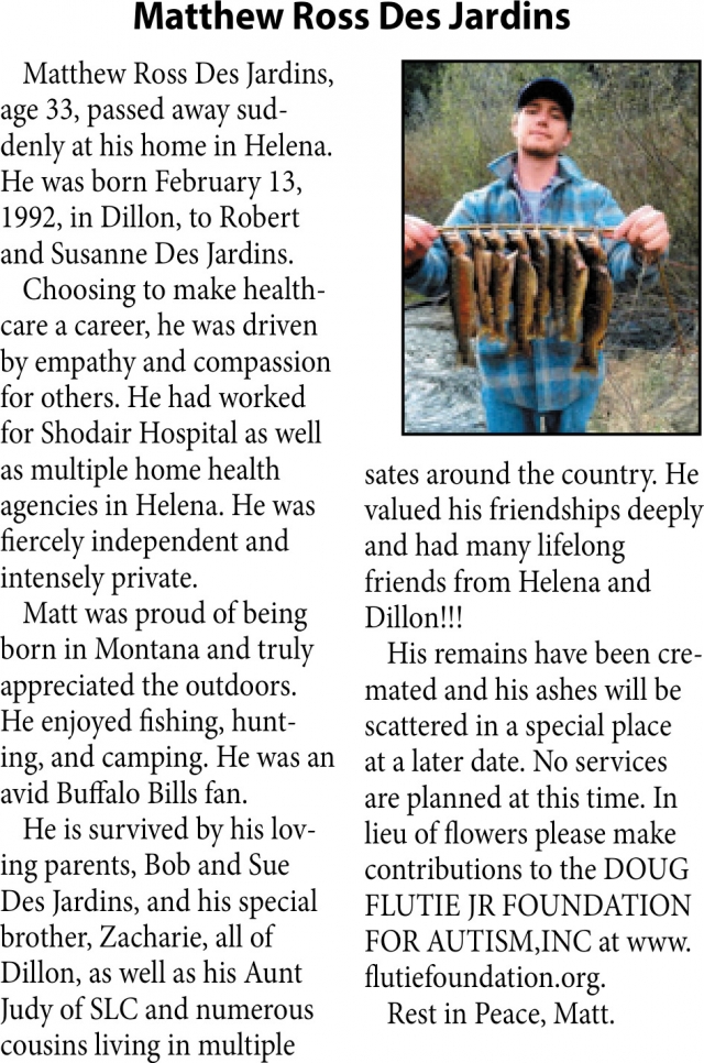 Matthew Ross Des Jardins, Obituaries, Glendive, MT