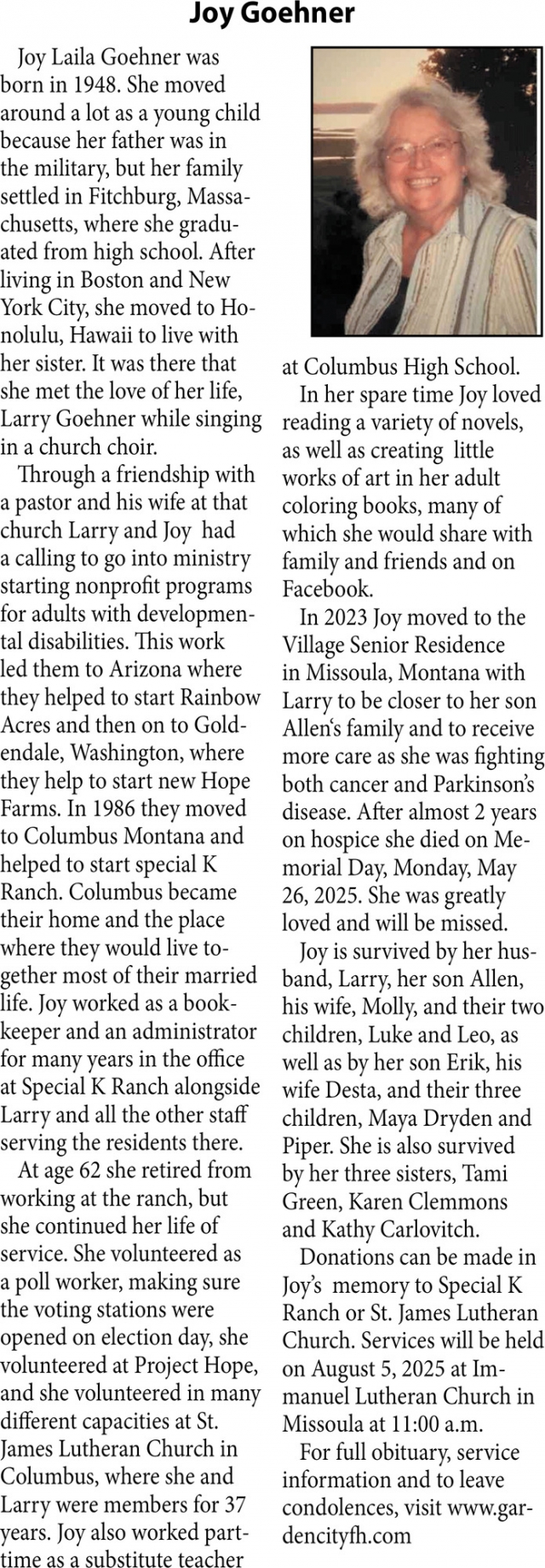 Joy Goehner, Obituaries, Glendive, MT