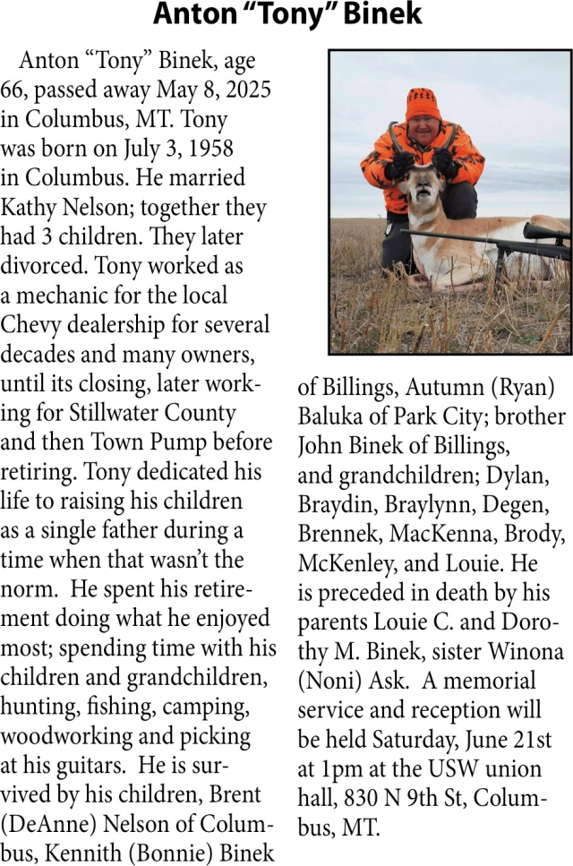 Anton Binek, Obituaries, Glendive, MT