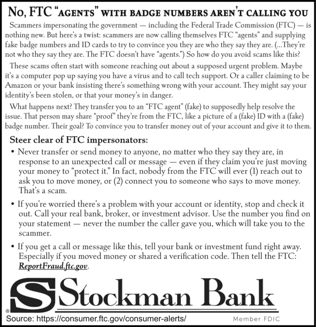 No, FTW "agents" with Badge Numbers Aren't Calling You, Stockman Bank