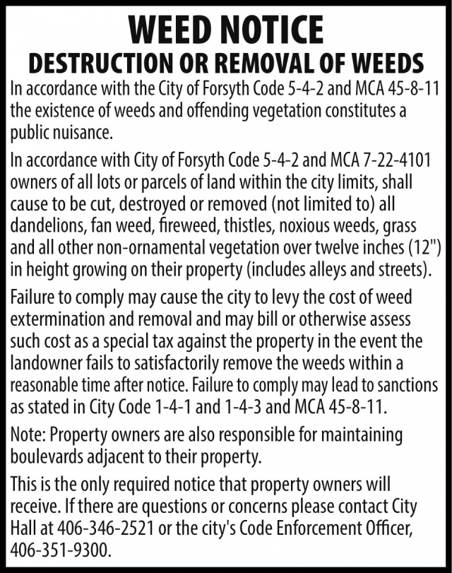 Weed Notice, City of Forsyth, Forsyth, MT