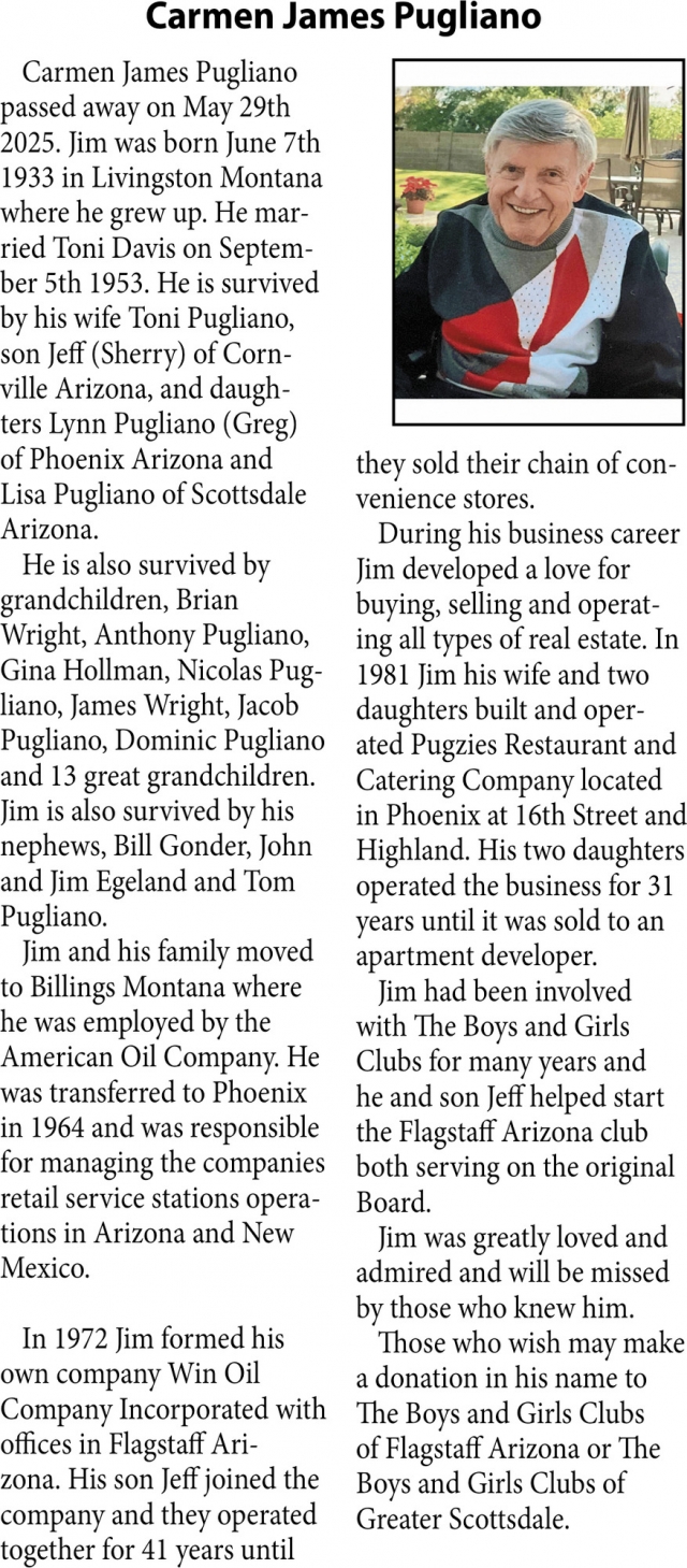Carmen James Pugliano, Obituaries, Glendive, MT